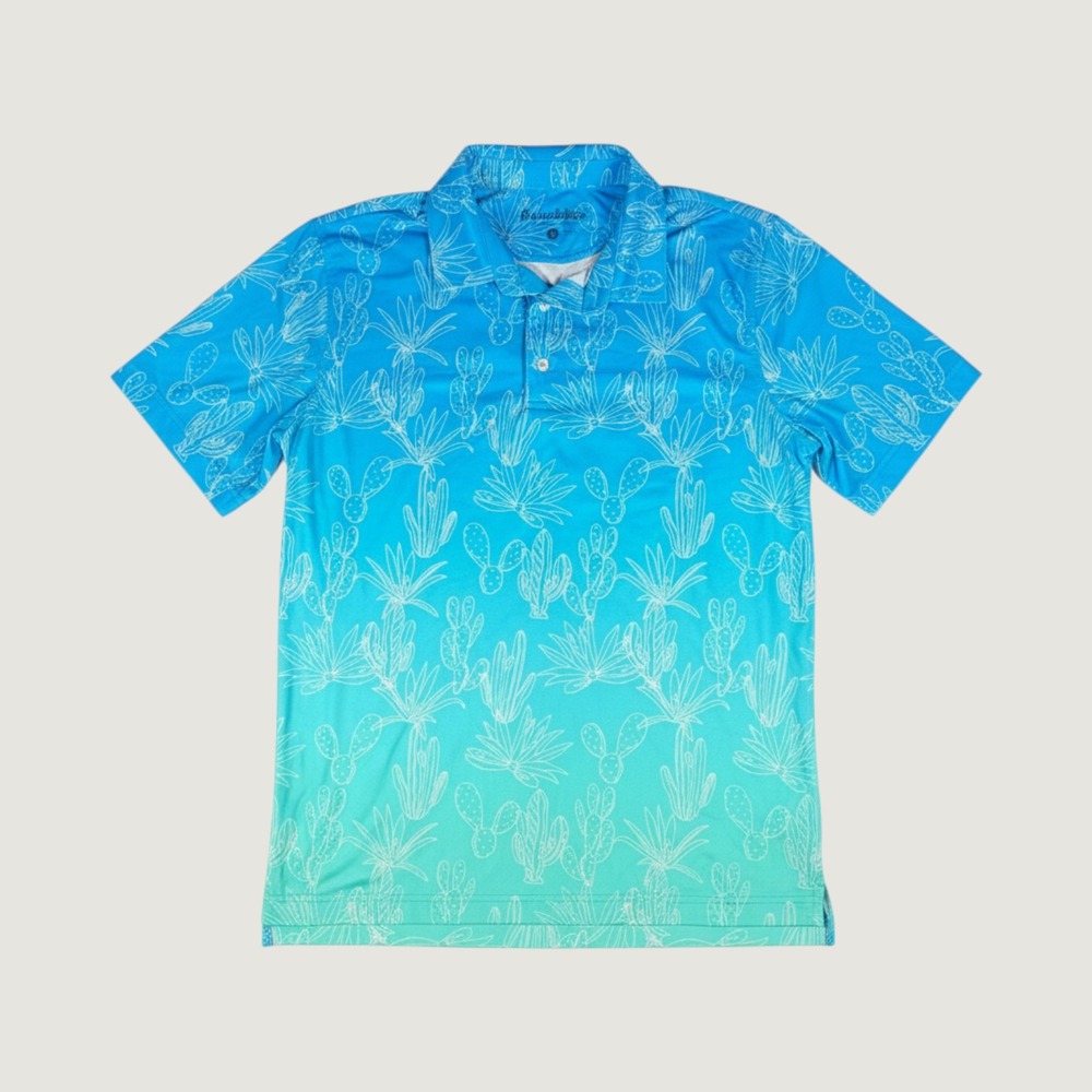 Chubbies Mens Medium Blue Teal Ombre Cactus Print Performance Polo Shirt